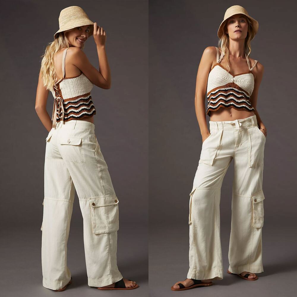 Anthropologie Beach Linen Blend Wide Leg Cargo Pants Cream Ivory Size 12